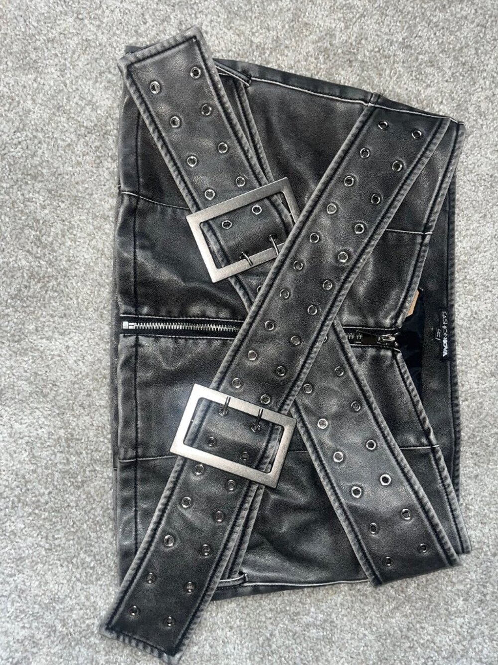 Fashion Nova Black Faux Leather Grommet Buckle Mini Skirt